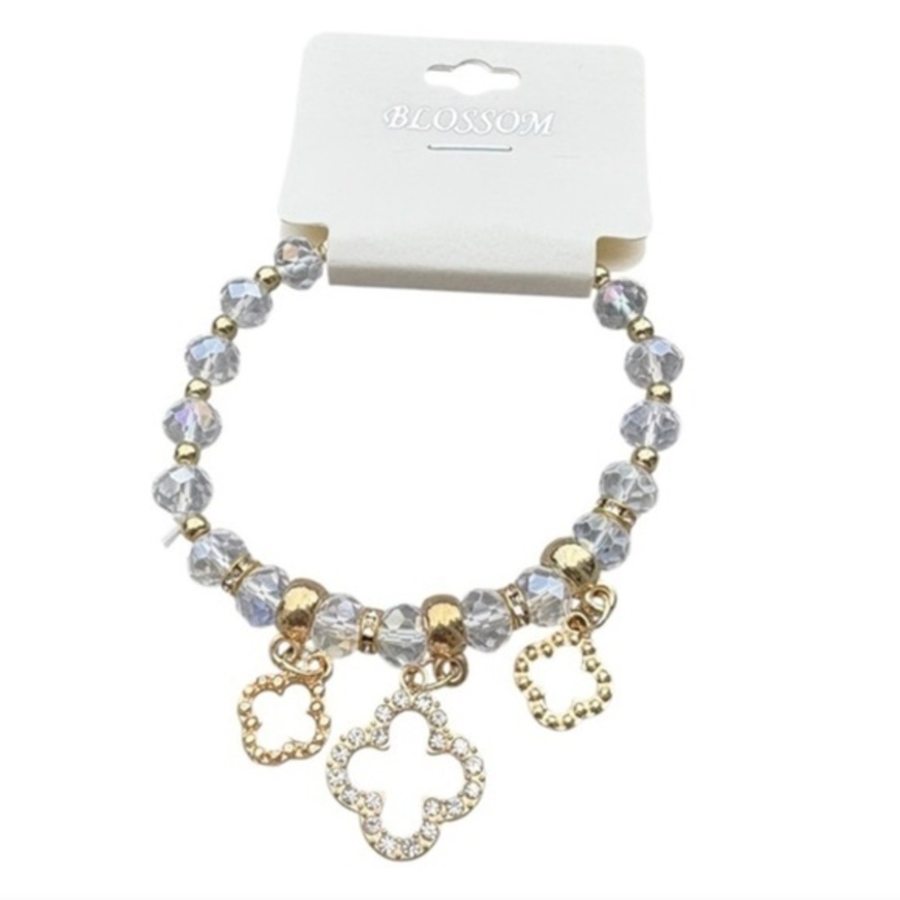 5/$25 Blossom Rainbow Clear Iridescent & Gold Beaded Bracelet with Charms
